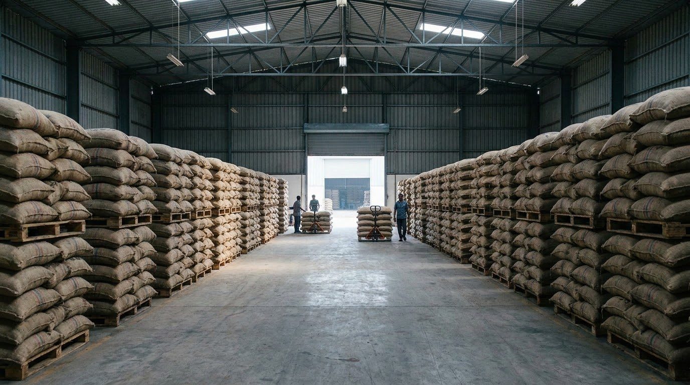 Rows of stacked jute sacks inside an agricultural export warehouse