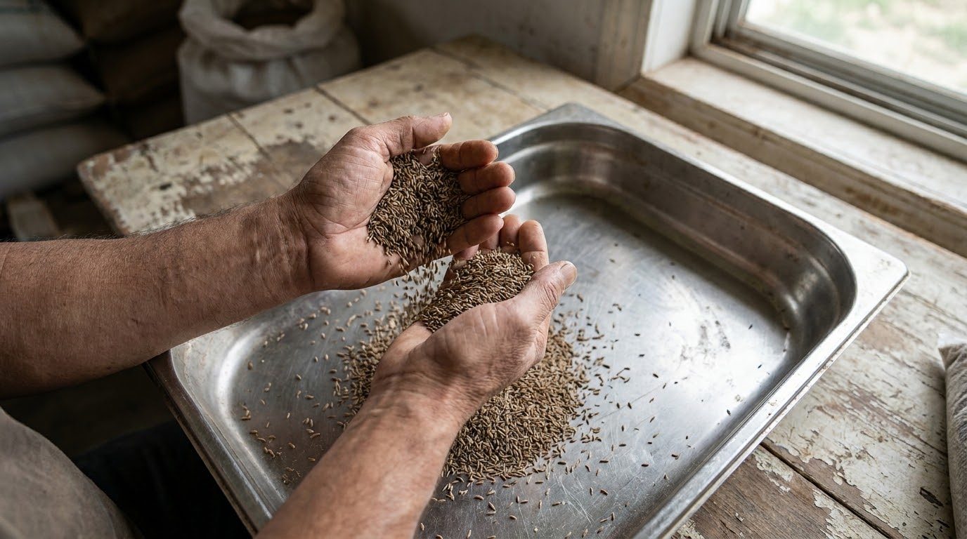 Seed being checked by hand before packing