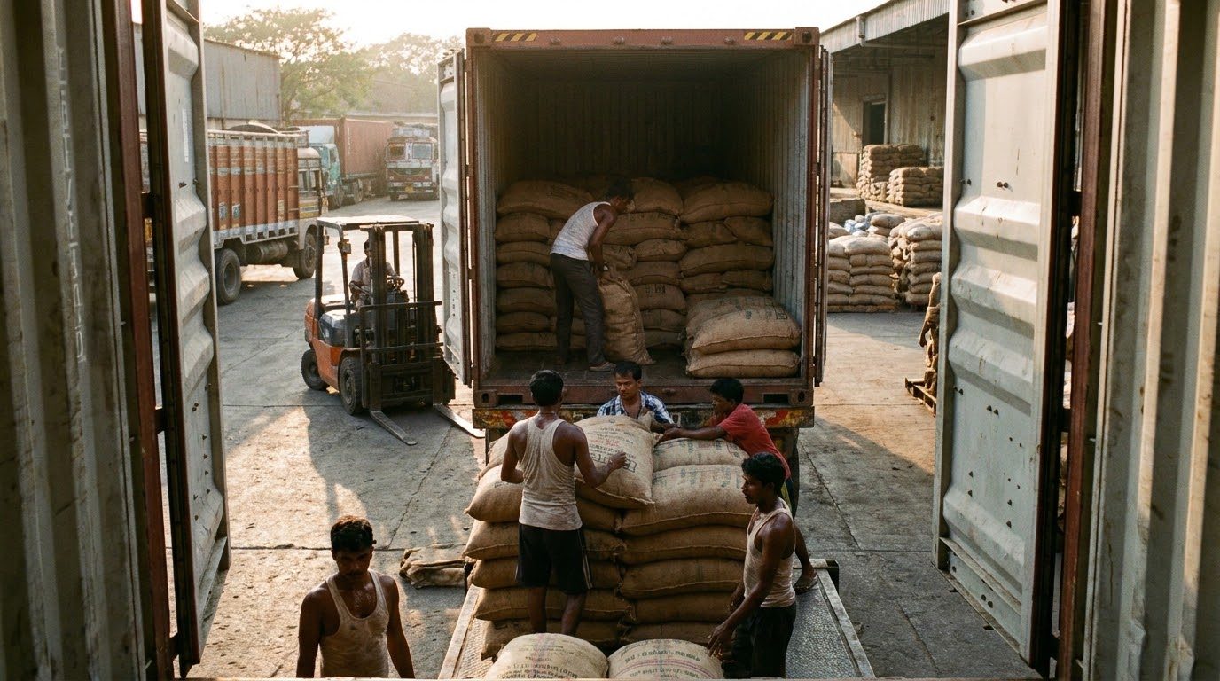 Bagged produce being stacked into a shipping container