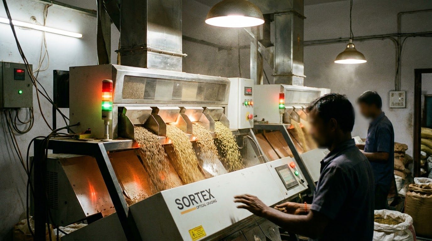 Optical colour sorting during processing