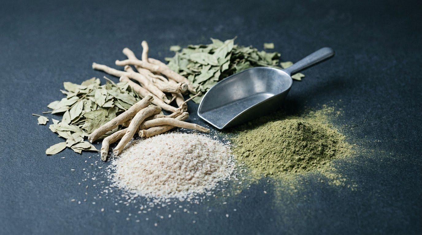 Dried ashwagandha root, senna leaf, psyllium husk and moringa powder