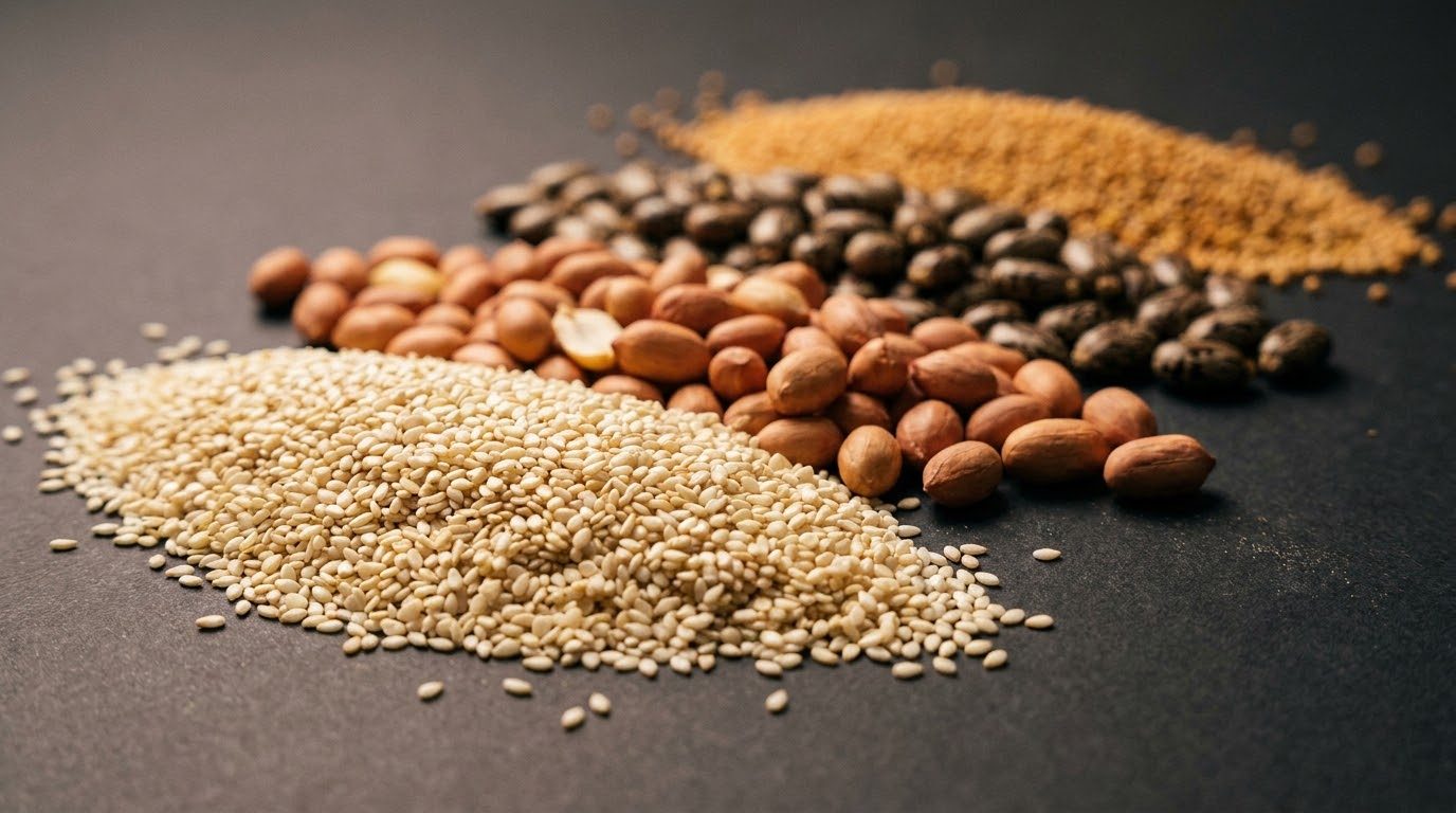 Sesame seed, groundnut kernels, castor and mustard seed heaped together