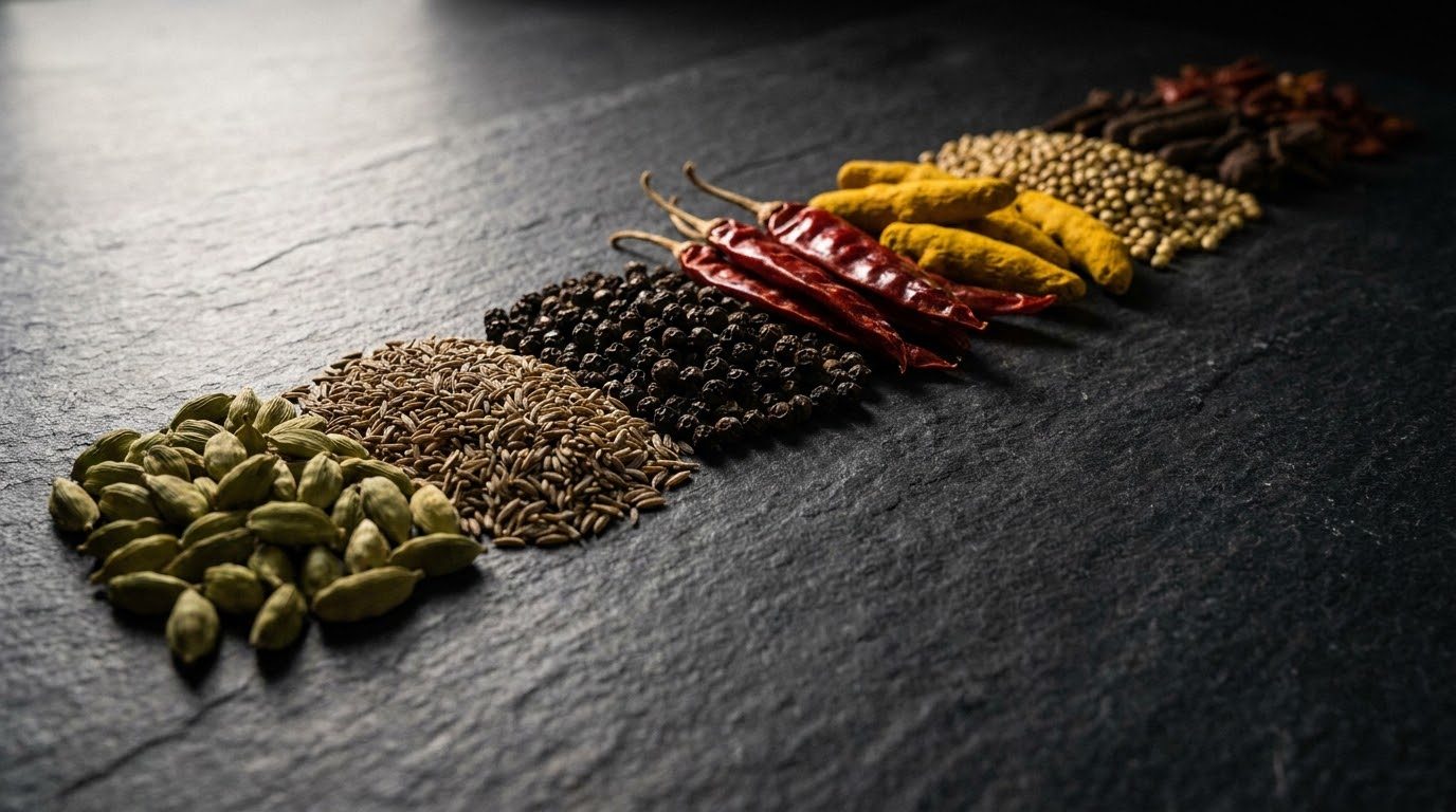 Indian whole spices laid out in a row on a dark surface